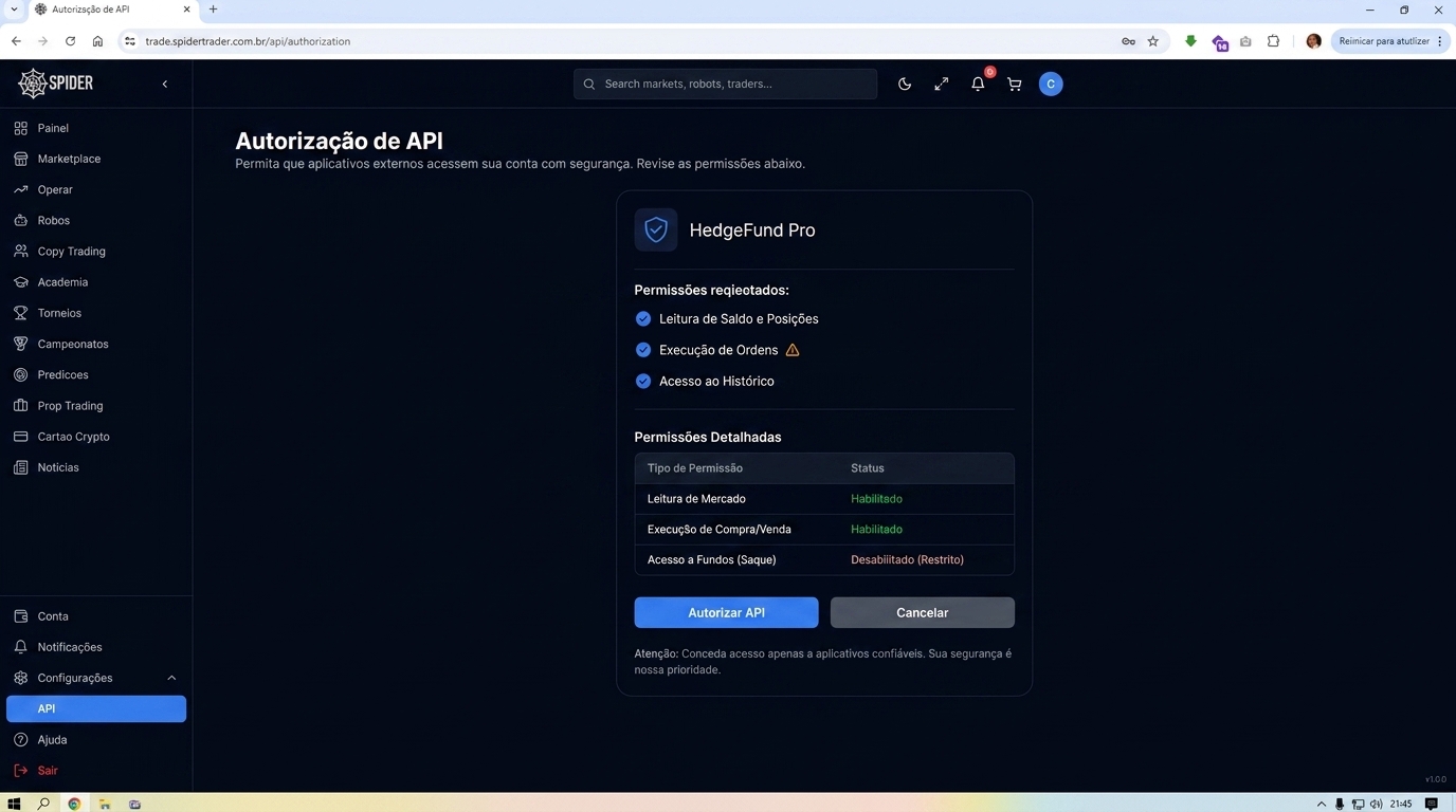Tela de autorização de API com permissões claras