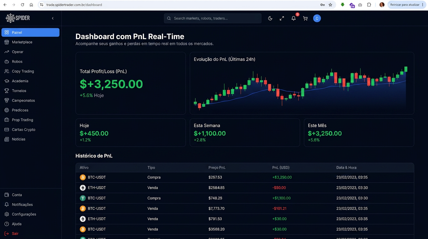 Dark dashboard with real-time PnL